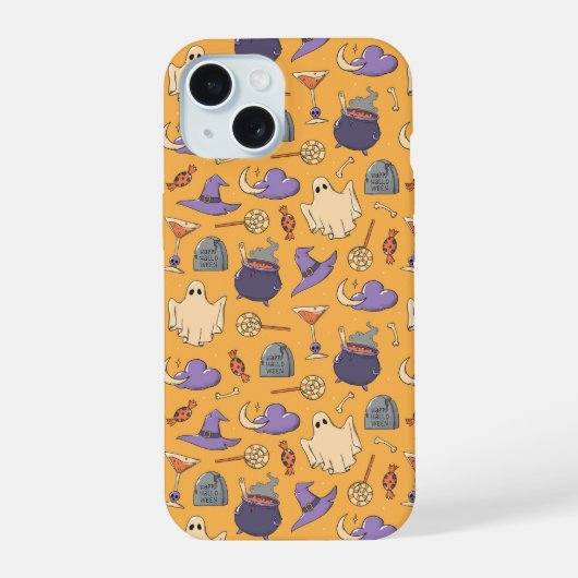 Speelse Halloween geesten en heksen patroon iPhone 15 Case (Achterkant)