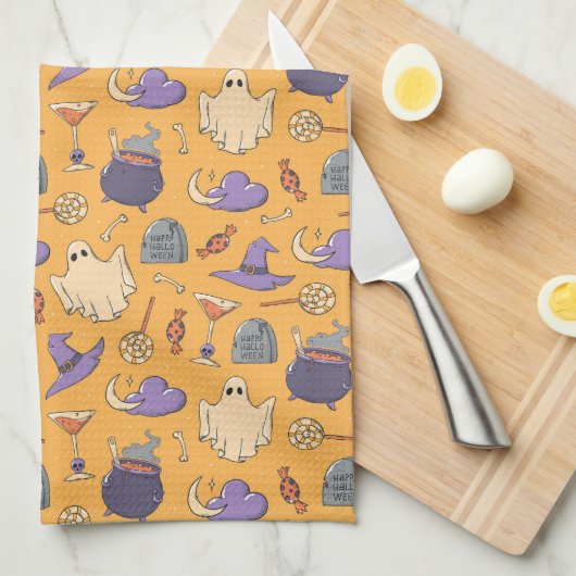 Speelse Halloween geesten en heksen patroon Theedoek (Quarter Fold)