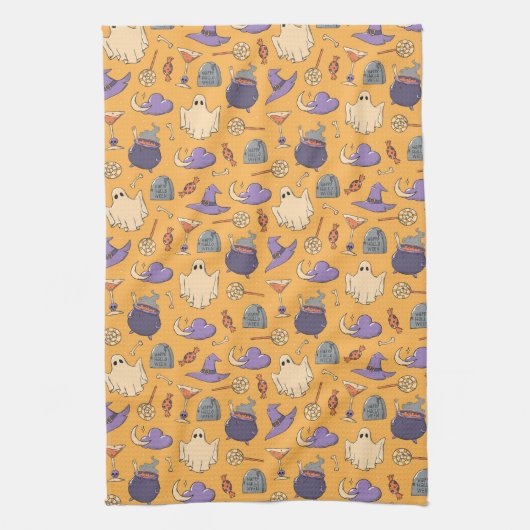 Speelse Halloween geesten en heksen patroon Theedoek (Verticaal)
