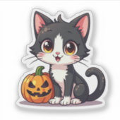 Speelse Halloween Kitten – Zwart en Wit Chibi Sticker (Voorkant)