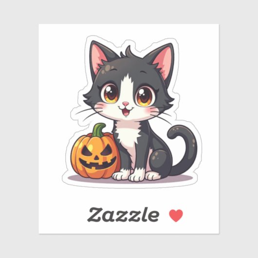 Speelse Halloween Kitten – Zwart en Wit Chibi Sticker (Vel)