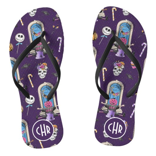 Speelse Halloween Patroon op een Paarse achtergron Teenslippers (Voetbed)