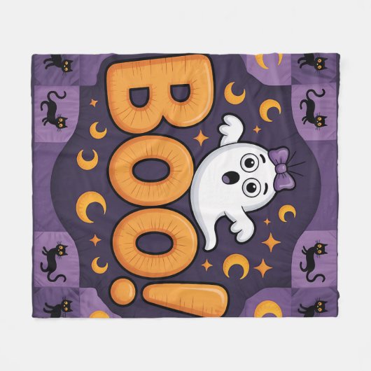 Speelse Halloween Quilt, Fleece Deken – Boe! (Voorkant (Horizontaal))