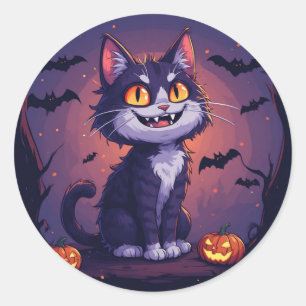 Speelse Halloweenkat Met Pompoenen En Vleermuizen  Ronde Sticker