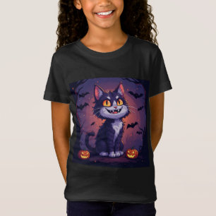 Speelse Halloweenkat Met Pompoenen En Vleermuizen T-shirt
