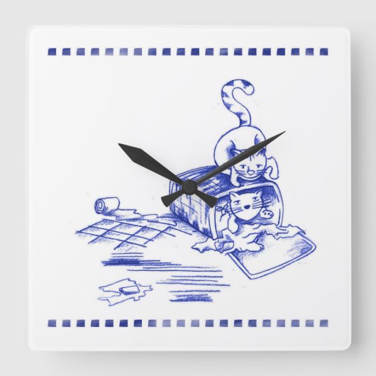 Speelse Hamper Kitty Cat Badkamer Toile Look Vierkante Klok (Voorkant)