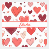 Speelse hand getekende rode harten patroon op wit vierkante sticker (Voorkant)