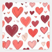 Speelse hand getekende rode harten patroon op wit vierkante sticker (Voorkant)
