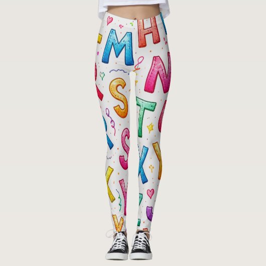 Speelse Handgeschreven Alfabetpatroon Leggings (Voorkant)