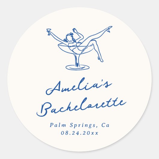Speelse Handgetekende Blauwe Bachelorette Ronde Sticker (Voorkant)