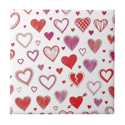 Speelse handgetekende Valentijnshartenpatroon Tegeltje (Voorkant)