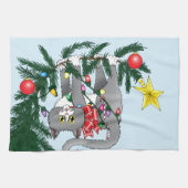 Speelse Hangende Kerstboom Grijze Kat Theedoek (Horizontaal)