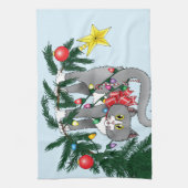 Speelse Hangende Kerstboom Grijze Kat Theedoek (Verticaal)