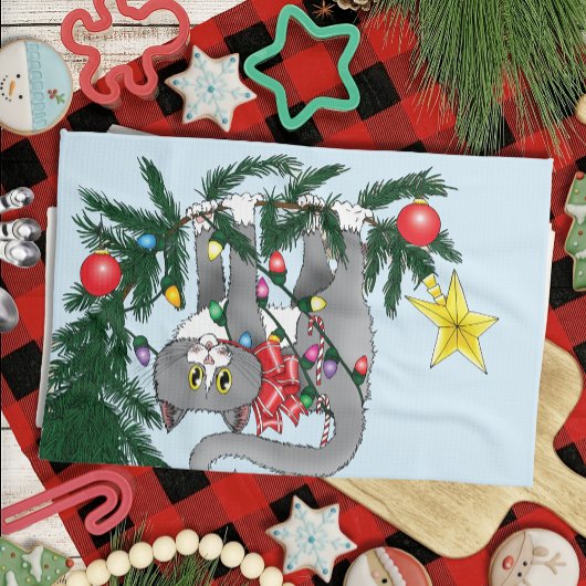 Speelse Hangende Kerstboom Grijze Kat Theedoek