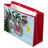 Speelse hangende kerstboomgrijze kat large cadeautasje (Voorkant Gekanteld)
