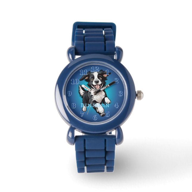 Speelse Happy Black Collie op blauw Horloge (Voorkant)