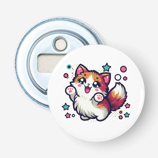 Speelse harige kat button flesopener (Voorkant)