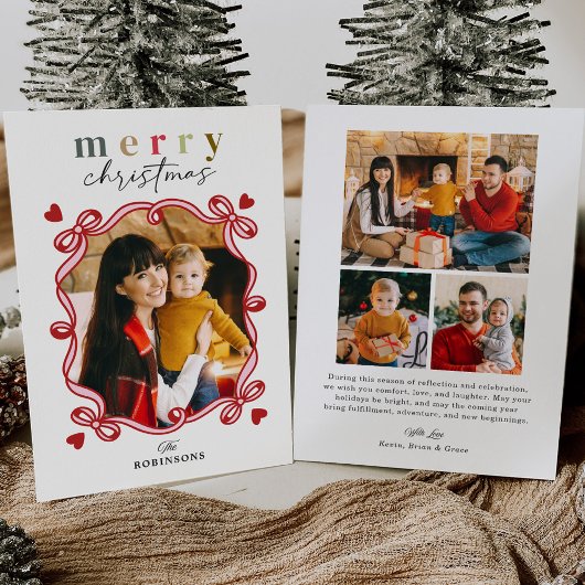 Speelse Harten Ribbon Bow Vrolijke Kerstfoto Feestdagenkaart