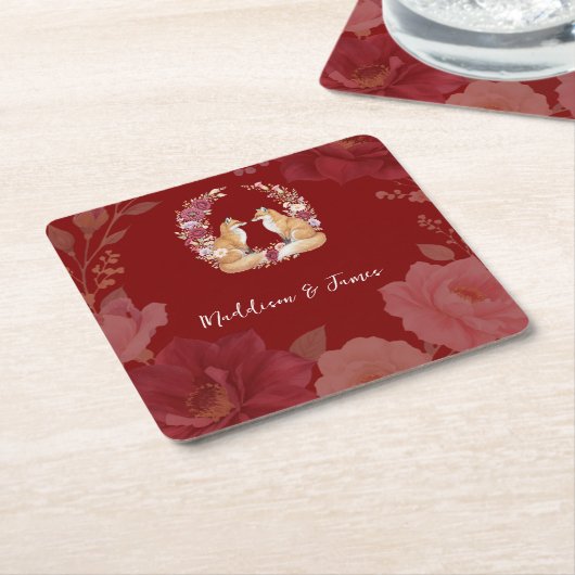 Speelse Herfst Fox bruiloft Kartonnen Onderzetters (Schuin)