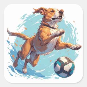 Speelse Hond Die Voetbal Weg Schopt Met Energieke  Vierkante Sticker