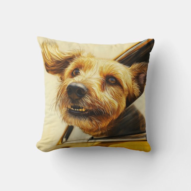Speelse hond genieten van autorit Art Print Kussen (Voorkant)