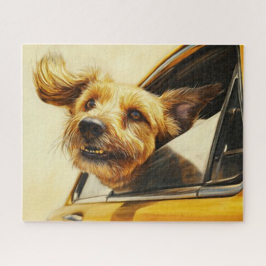 Speelse hond genieten van autorit Art Print Legpuzzel (Horizontaal)