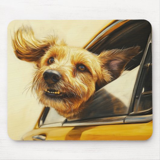 Speelse hond genieten van autorit Art Print Muismat (Voorkant)