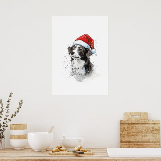 Speelse hond in Santa Hat met sneeuwvlokken Poster (Keuken)