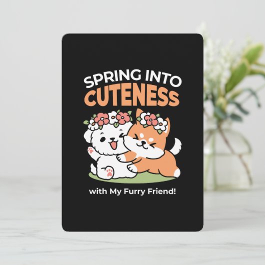 Speelse honden met bloemenkronen – Fun Spring Them Feestdagenkaart (Staand voorkant)