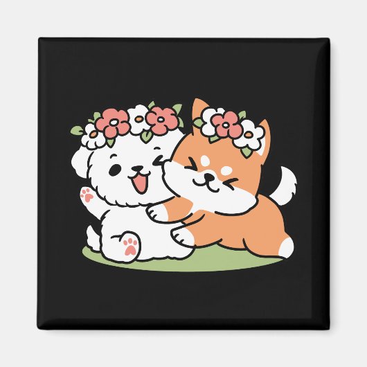 Speelse honden met bloemenkronen – Fun Spring Them Magneet (Voorkant)