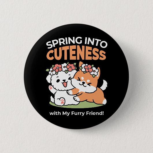 Speelse honden met bloemenkronen – Fun Spring Them Ronde Button 5,7 Cm (Voorkant)