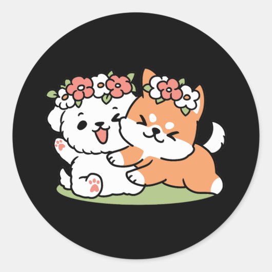 Speelse honden met bloemenkronen – Fun Spring Them Ronde Sticker (Voorkant)