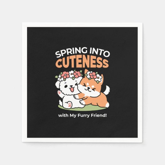 Speelse honden met bloemenkronen – Fun Spring Them Servet (Voorkant)