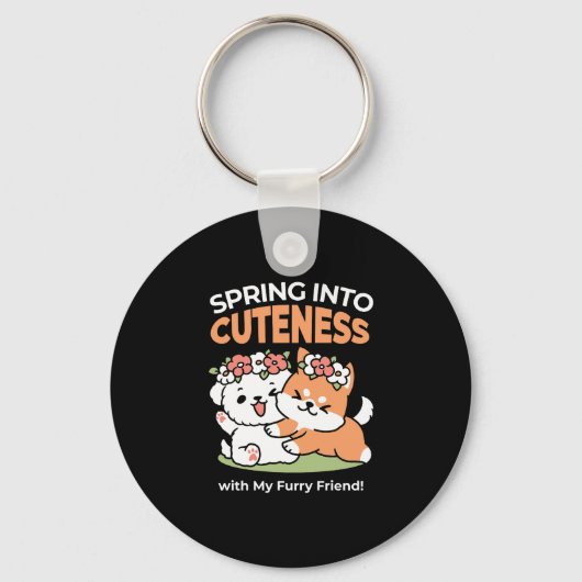 Speelse honden met bloemenkronen – Fun Spring Them Sleutelhanger (Voorkant)