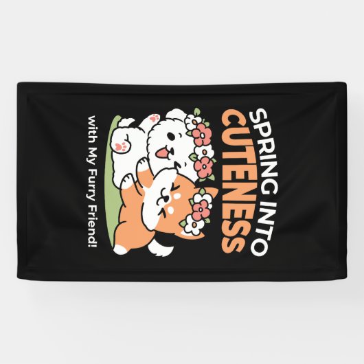 Speelse honden met bloemenkronen – Fun Spring Them Spandoek (Horizontaal)