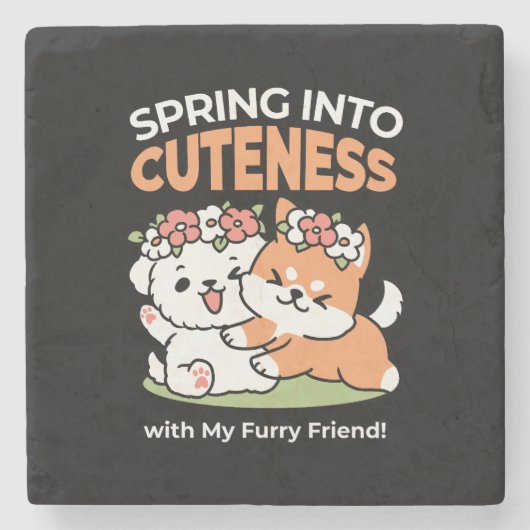 Speelse honden met bloemenkronen – Fun Spring Them Stenen Onderzetter (Voorkant)