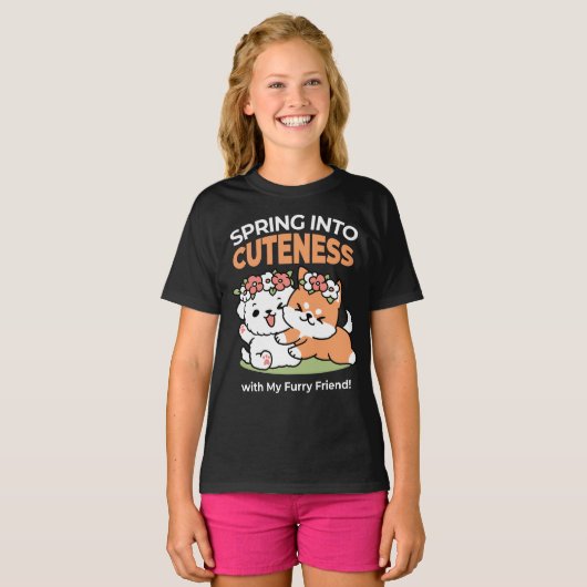 Speelse honden met bloemenkronen – Fun Spring Them T-shirt (Voorkant volledig)