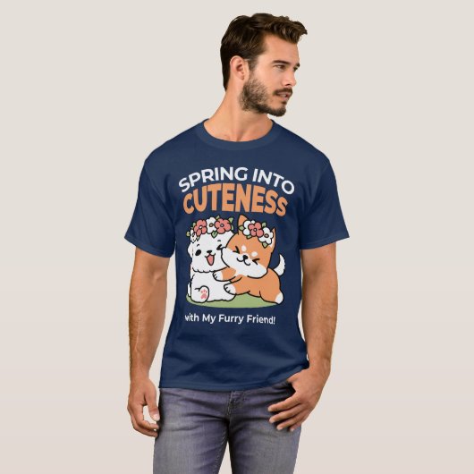 Speelse honden met bloemenkronen – Fun Spring Them T-shirt (Voorkant volledig)