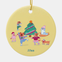 Speelse Honden Schaatsen Geel Kerst Foto Keramisch Ornament