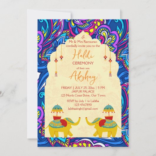 Speelse Indiase bruiloft olifanten blauw geel hald Kaart (Voorkant)