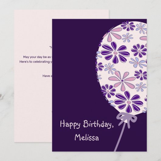 Speelse Indigo Roze Ballon Happy Birthday Kaart (Voorkant / Achterkant)