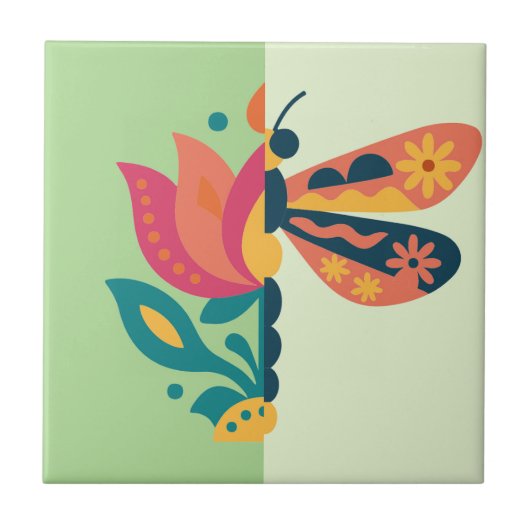 Speelse insecten- en bloemgrafisch ontwerp tegeltje (Voorkant)