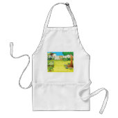 Speelse jongen die in een weelderige groene achter standaard schort (Voorkant)