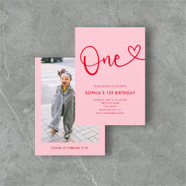 Speelse kalligrafie hart roze rood 1e verjaardag kaart