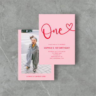 Speelse kalligrafie hart roze rood 1e verjaardag kaart