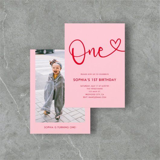 Speelse kalligrafie hart roze rood 1e verjaardag kaart