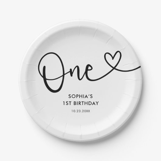 Speelse kalligrafie minimalistisch wit 1e verjaard papieren bordje (Voorkant)