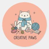 Speelse kat eenvoudige lijn schets tekening ronde sticker (Voorkant)