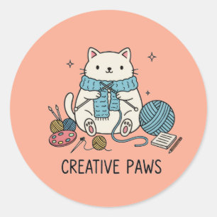 Speelse kat eenvoudige lijn schets tekening ronde sticker
