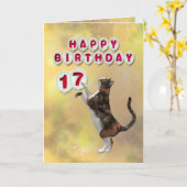 Speelse kat en 17e Happy Birthday ballonnen Kaart (Gele Bloem)